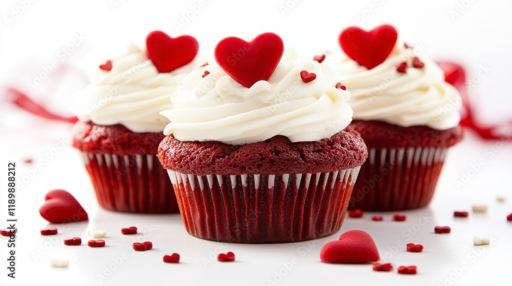 red velvet cupcakes with white frosting and small heart-shaped sugar decorations on top, against a white background with studio lighting. In the background, there is an elegant Valentine's Day . red velvet cupcakes with white frosting and small heart-shaped sugar decorations on top, against a white background with studio lighting. In the background, there is an elegant Valentine's Day .