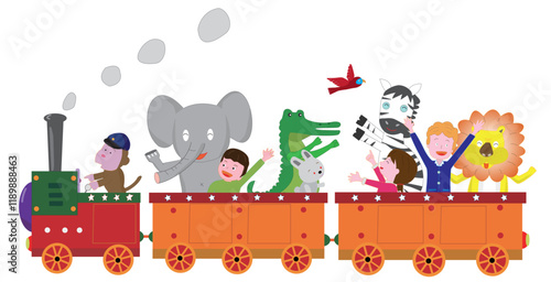 レトロな蒸気機関車に乗って楽しんでいる子供と動物たち。