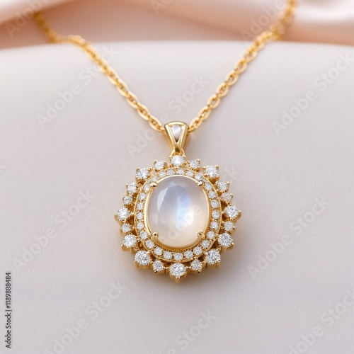 A gold necklace with a pendant featuring a moonstone and diamonds. photo