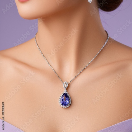 A woman wears a silver necklace with a large blue gemstone pendant against a purple background.