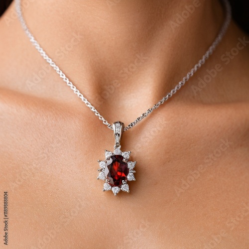 A close-up of a woman's neck features a silver necklace with a red gemstone pendant and a chain.
