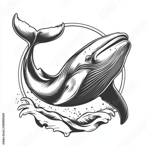 Monochrome illustration of a whale breaching, surrounded by stylized waves within a circular frame. photo