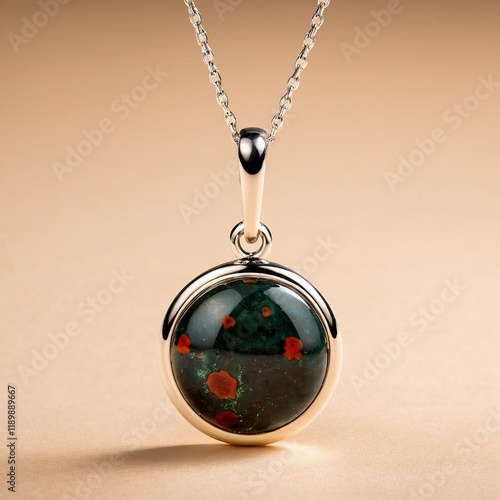 A round pendant with a green and red stone sits on a beige background, suspended from a silver chain.
