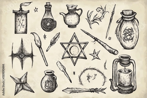 A handdrawn vector set of witchcraft magic symbols, including pentagrams, wands, and potions, sketched in intricate doodle style, perfect for tattoos and textiles photo