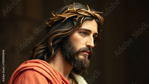 Jesus Christ with crown of thorns, crucifixion and holy week depiction with copy space for text