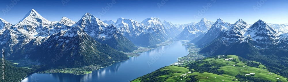 Majestic Mountain Range Overlooking Serene Lake in a Lush Valley - Ideal for Nature and Travel Promotion Majestic Mountain Range Overlooking Serene Lake in a Lush Valley - Ideal for Nature and Travel Promotion