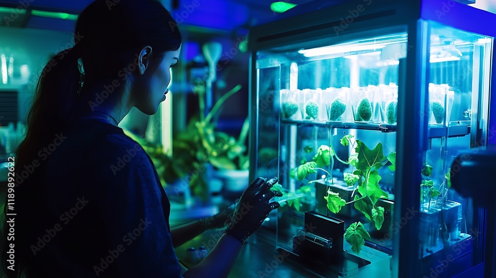 Woman in Lab Coat Examining Plants Under Blue Lights Woman in Lab Coat Examining Plants Under Blue Lights