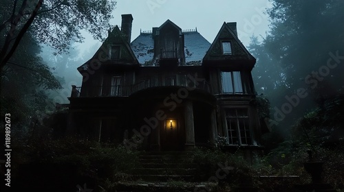 Mysterious Mansion in Foggy Forest: A Dark and Eerie Scene photo