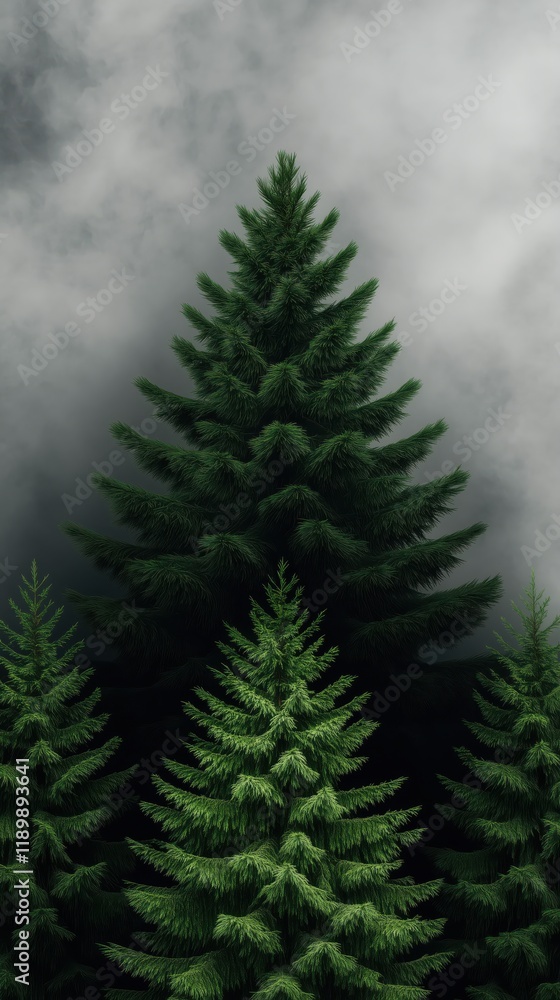 Fototapeta premium Symmetrical Rows of Tall Evergreen Trees in a Misty Forest