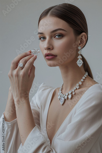 Brunette model with high end jewelry in dramatic studio lighting 