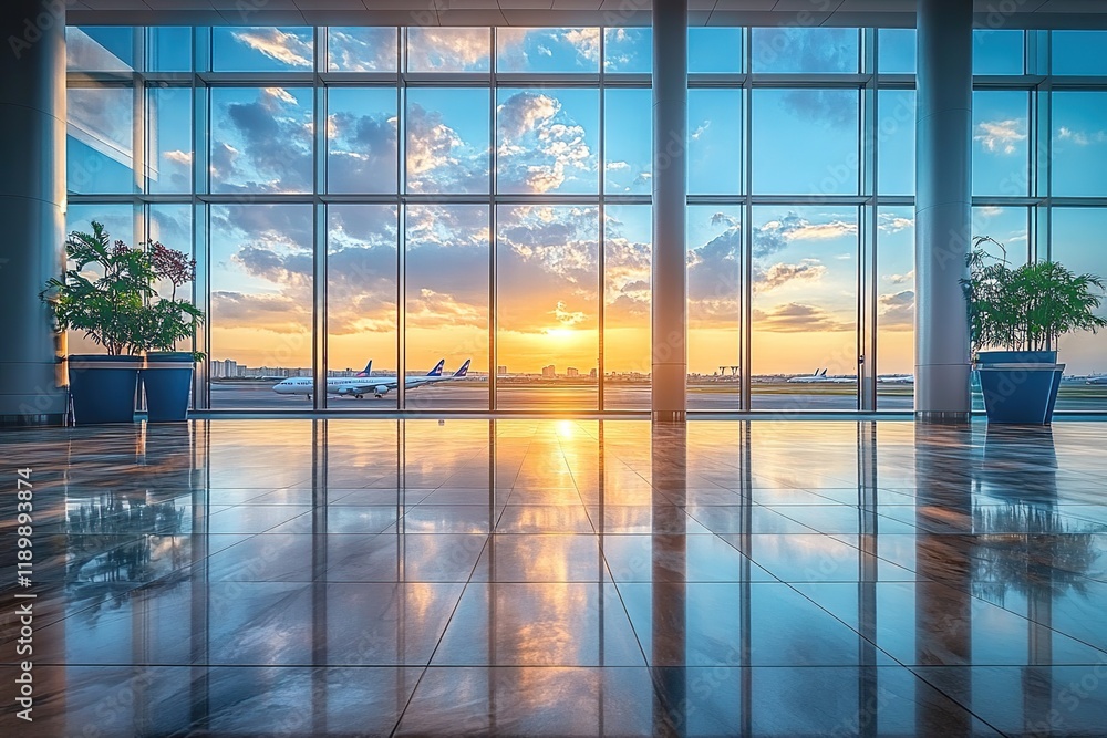 Sunset Reflects on Airport Floor through Large Windows Beautifully at Dusk Sunset Reflects on Airport Floor through Large Windows Beautifully at Dusk