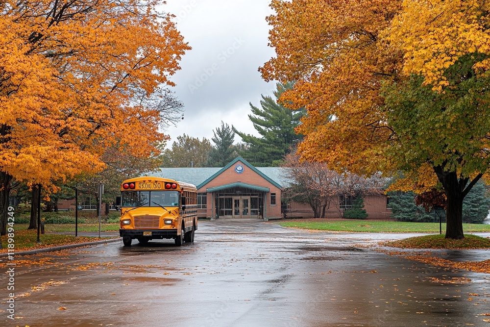 Obraz premium School Bus Arrives at School on Rainy Autumn Day with Colorful Trees
