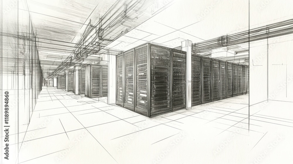 Detailed Illustration of a Modern Data Center with Server Racks, Cables, and Architectural Elements in a Minimalist Style Detailed Illustration of a Modern Data Center with Server Racks, Cables, and Architectural Elements in a Minimalist Style