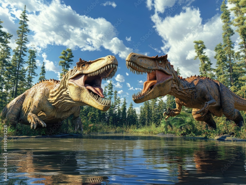 Fototapeta premium Dinosaurs Roaring by a River in a Lush Forested Landscape Encounter
