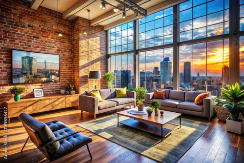Aerial View Urban Loft Living Room Brick Accent Wall Design Mockup - Modern Interior Design Inspiration
