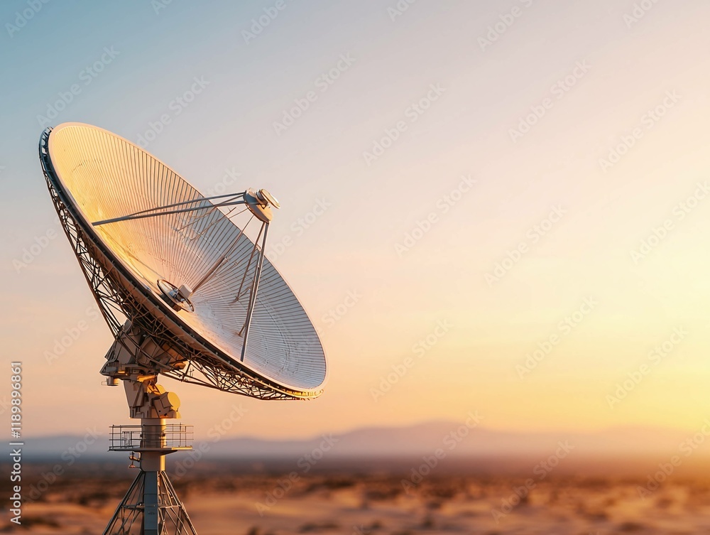 Satellite communication dish desert landscape technology image evening light close-up view innovation concept Satellite communication dish desert landscape technology image evening light close-up view innovation concept
