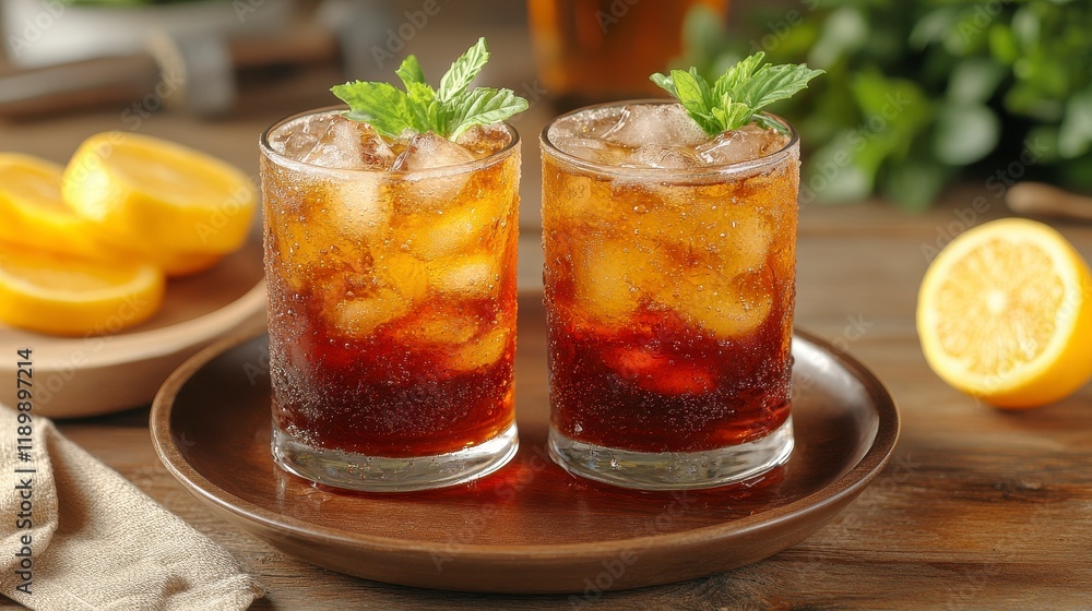 Two glasses of iced tea with lemon and mint on a wooden tray. Two glasses of iced tea with lemon and mint on a wooden tray.