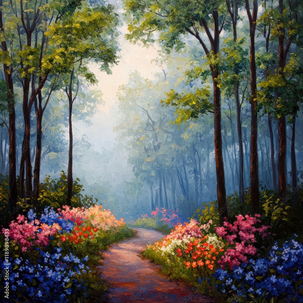 Naklejka premium Serene Enchanted Forest Pathway with Colorful Floral Blooms