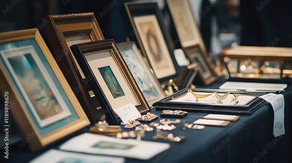 Antique Art and Jewelry Displayed on a Table Antique Art and Jewelry Displayed on a Table