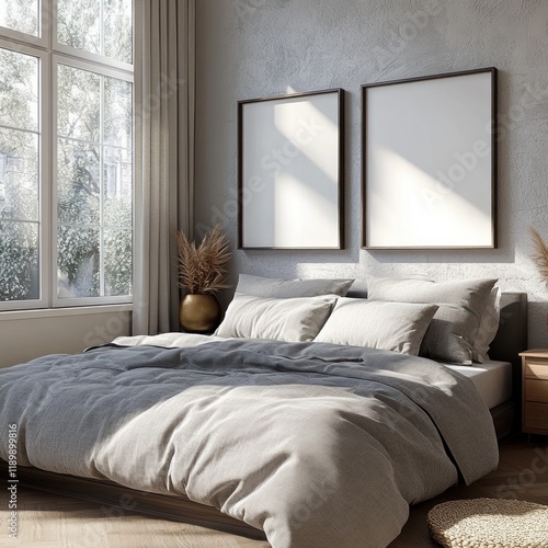 Minimalistic Modern Bedroom with Cozy Gray Bedspread and Blank Artwork Frames