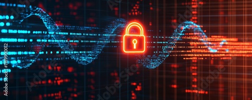 A futuristic representation of health data security, a glowing padlock symbol surrounded by encrypted medical codes and DNA helixes.