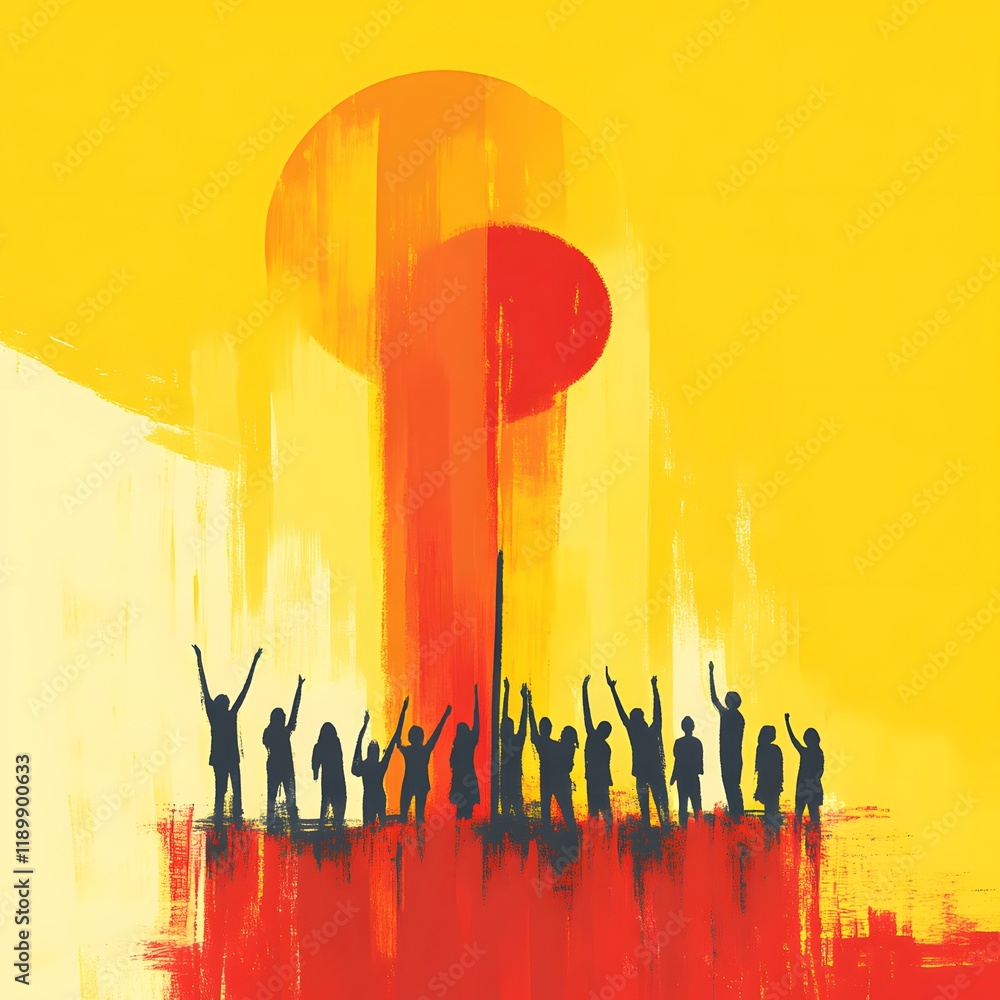 Silhouetted figures celebrate under a large, abstract, sun-like form. Silhouetted figures celebrate under a large, abstract, sun-like form.