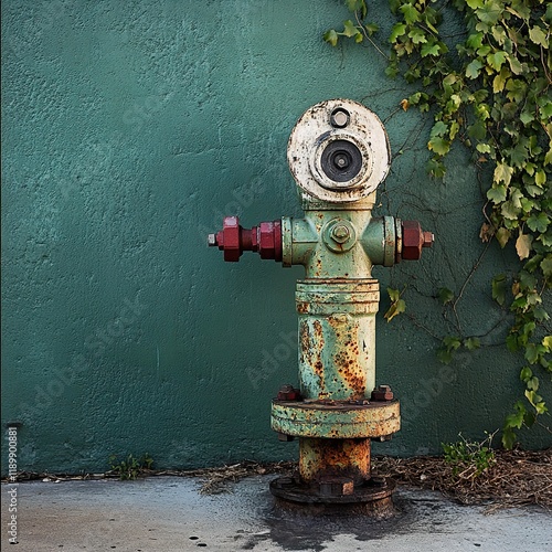 Rustic Vintage Fire Hydrant on Green Wall photo