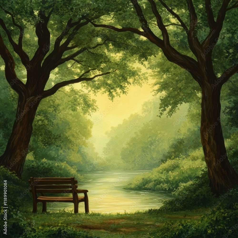 Tranquil Scenic View with Wooden Bench by Calm Riverbank Tranquil Scenic View with Wooden Bench by Calm Riverbank