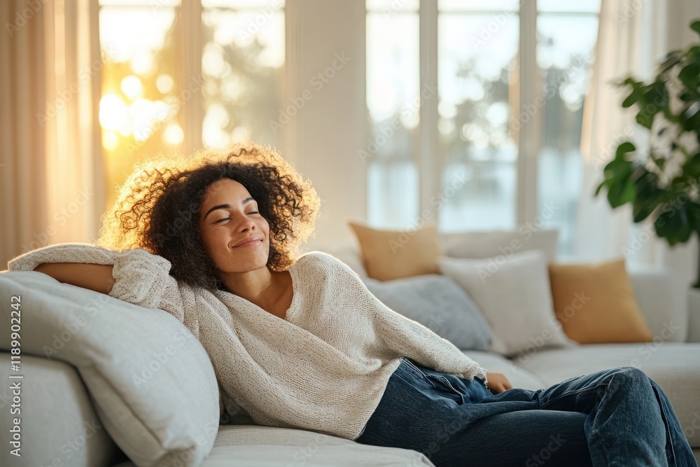 Relaxed middle aged woman lounging on cozy sofa in bright living room smiling and enjoying comfort and happiness Relaxed middle aged woman lounging on cozy sofa in bright living room smiling and enjoying comfort and happiness