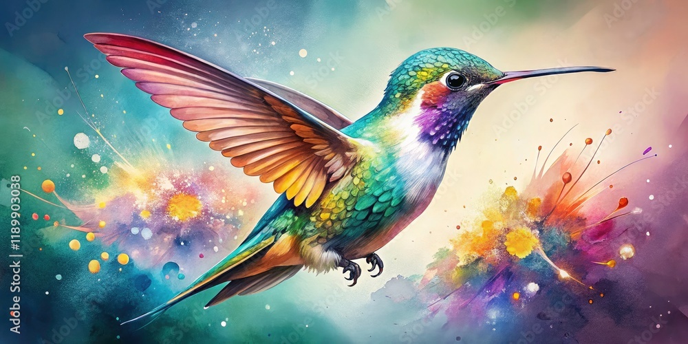 Fototapeta premium Elegant Watercolor Hummingbird with Bokeh Effect, Colorful Splashes of Paint, Isolated Bird Design, Vibrant Art for Nature Lovers and Home Decor
