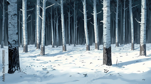 A serene winter forest landscape blanketed in snow, showcasing tall, frosted trees. Windcrest. Illustration photo