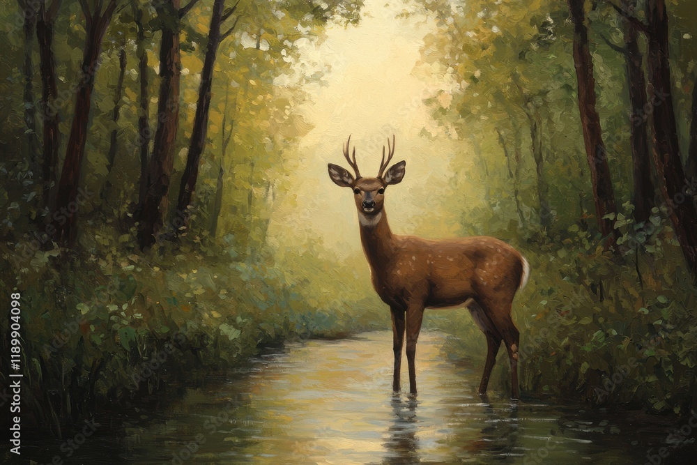 Majestic Deer Standing in Tranquil Forest Stream at Sunrise Majestic Deer Standing in Tranquil Forest Stream at Sunrise