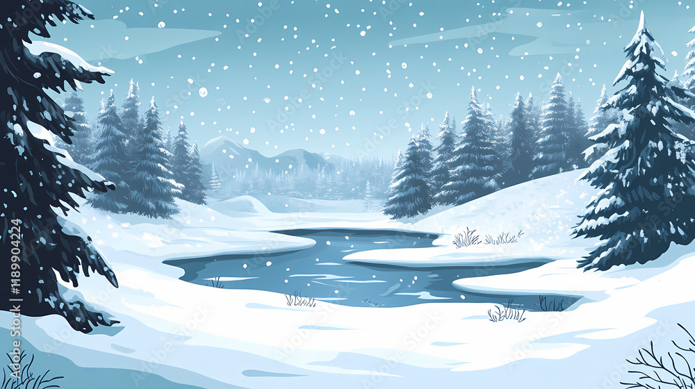 Fototapeta premium A snowy winter scene featuring a frozen river with snow-covered trees. Windcrest. Illustration