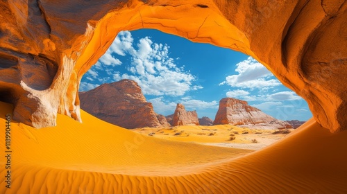 9.A clean and modern desert landscape showcasing vibrant yellow arches with smooth textures against a backdrop of undulating sand dunes. The scene is completed with a crisp blue sky and scattered