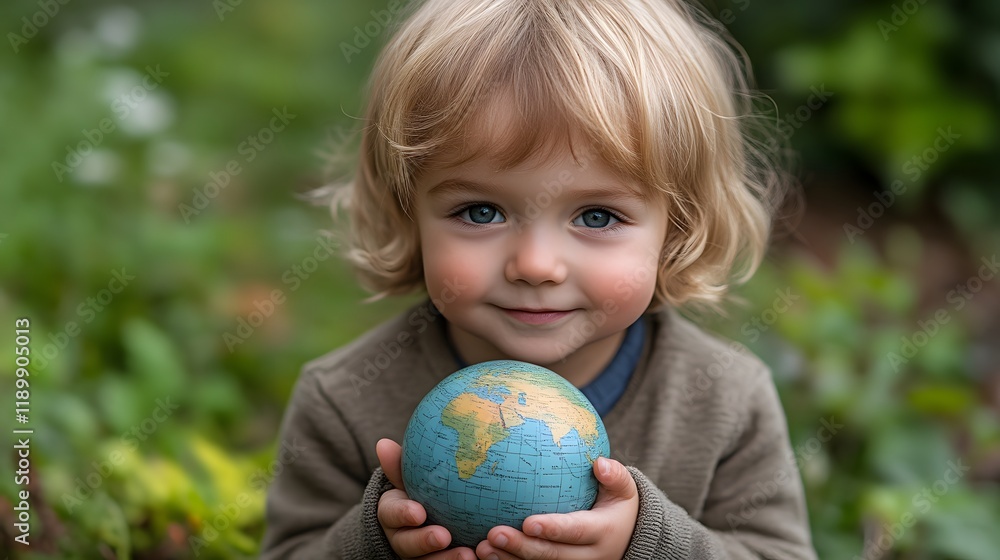 Toddler holding small globe outdoors. Toddler holding small globe outdoors.