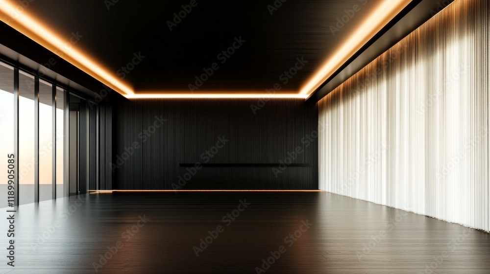 Explore an empty room illuminated by a celestial light filtering through ceiling, with a sleek black wall providing an ideal backdrop for showcasing logo mockups or product presentations in stock phot Explore an empty room illuminated by a celestial light filtering through ceiling, with a sleek black wall providing an ideal backdrop for showcasing logo mockups or product presentations in stock phot
