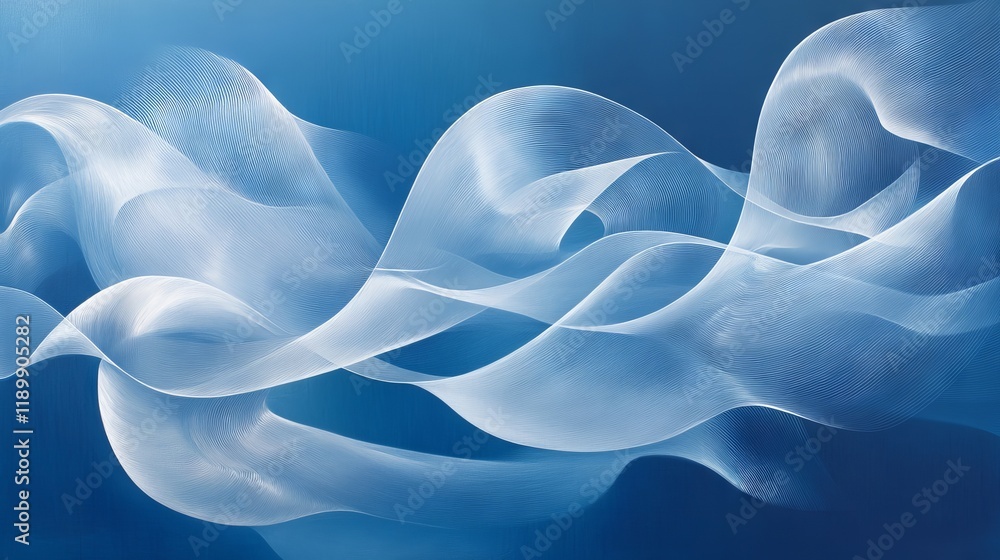 Obraz premium 65.A futuristic wave-inspired abstract with overlapping, flowing lines in varying heights. The blue background enhances the sense of fluidity and depth, with subtle gradients accentuating the smooth