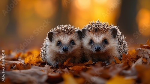 Two hedgehogs nestled together in autumn leaves at sunset.
