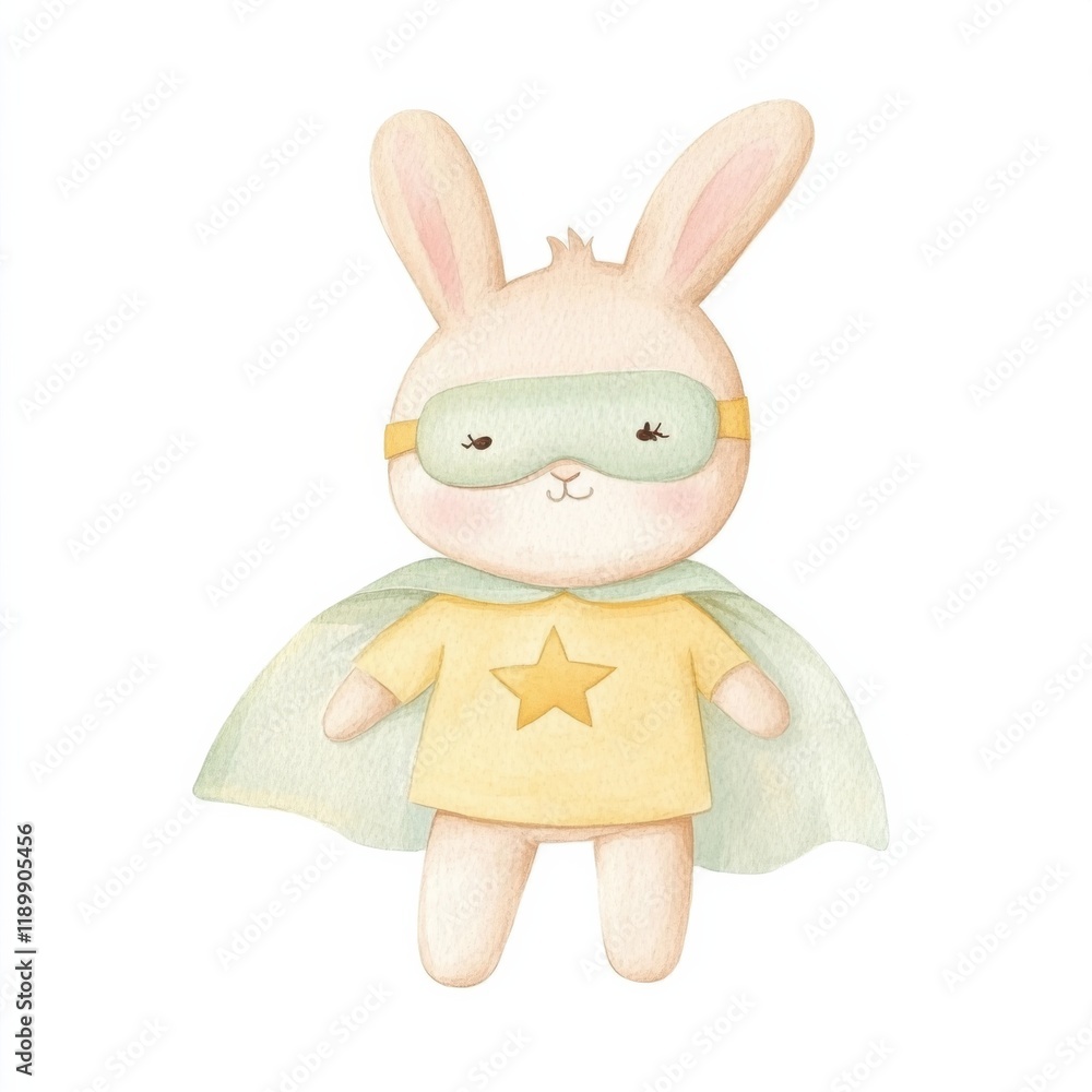 Obraz premium A cute rabbit wearing a superhero cape and mask, watercolor illustration, pastel tones, isolated on white background --profile jh84aip --v 6.1 Job ID: e30f4fbd-2329-4593-be26-2b42f2970fab