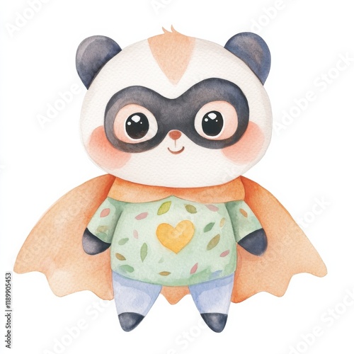 Animal Superhero. A cute, cartoonish panda character wearing a superhero mask and cape, designed in a colorful, playful watercolor style. watercolor style, clipart, isolated on white background photo