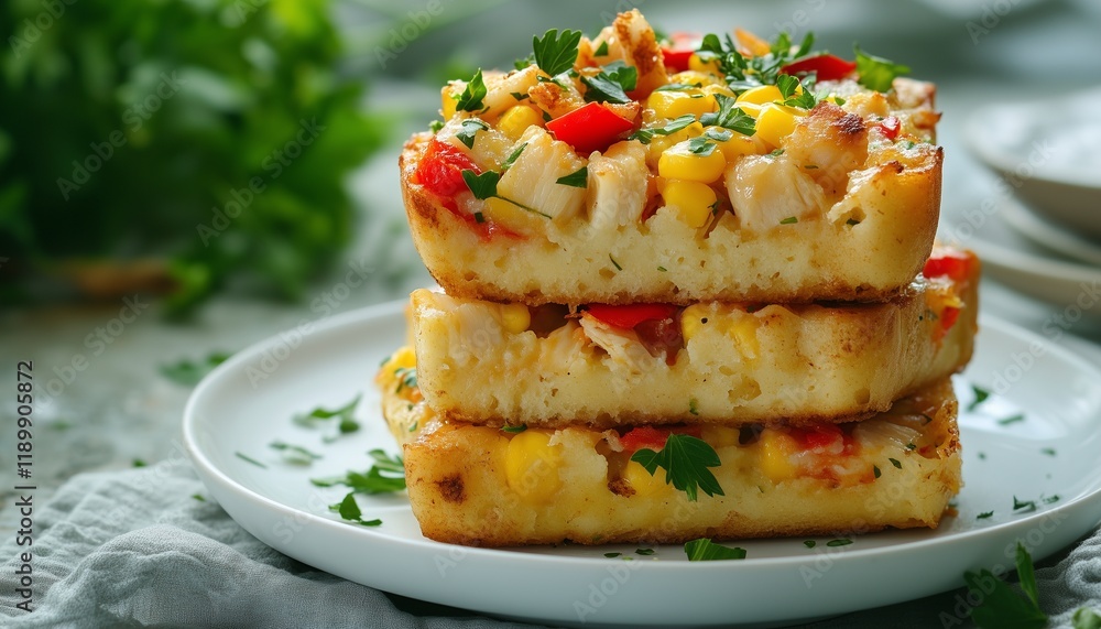 Puffy spoon bread with corn and crab roasted for dinner on white plate Puffy spoon bread with corn and crab roasted for dinner on white plate