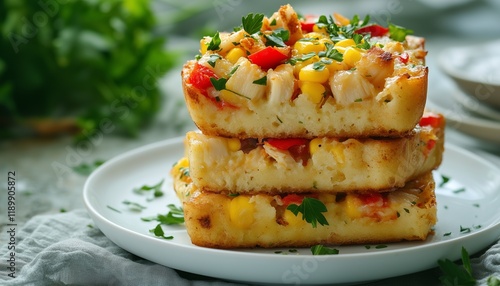 Puffy spoon bread with corn and crab roasted for dinner on white plate photo