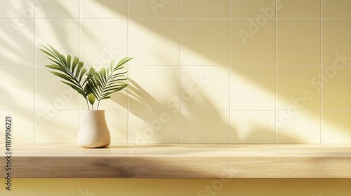 98.A modern interior mockup showcasing a wooden counter with smooth textures, framed by a backdrop of white tiles and a pastel yellow wall. A small ceramic vase with a single plant enhances the