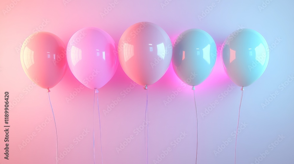 34.A playful 3D render featuring a collection of pastel balloons lit with vivid neon hues. The smooth surface of the balloons reflects the vibrant lights, standing out against the gently shaded 34.A playful 3D render featuring a collection of pastel balloons lit with vivid neon hues. The smooth surface of the balloons reflects the vibrant lights, standing out against the gently shaded