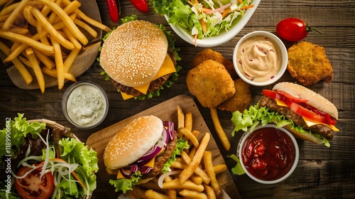 Fast food restaurant menu. Burgers french fries on table   photo