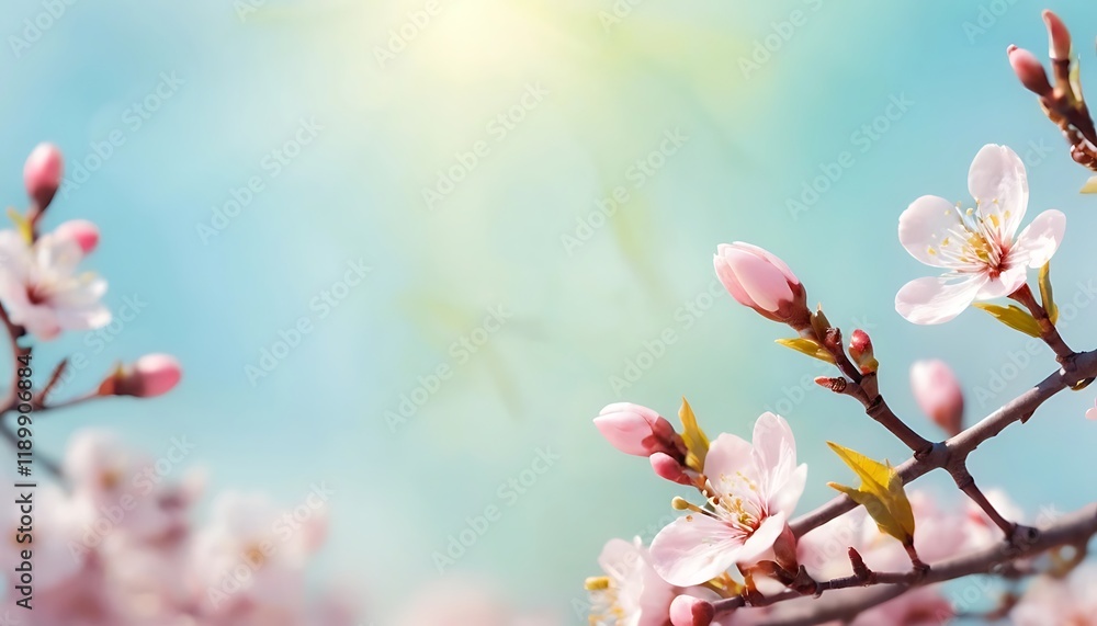 Delicate Pink Blossoms Blooming on Branch Against Blue Sky Delicate Pink Blossoms Blooming on Branch Against Blue Sky