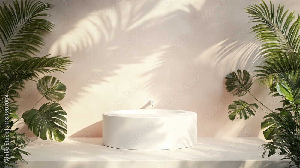 18.A stylish 3D-rendered display featuring a minimal white podium surrounded by symmetrical geometric shapes. The pastel pink background is complemented by soft shadows of palm leaves, creating an