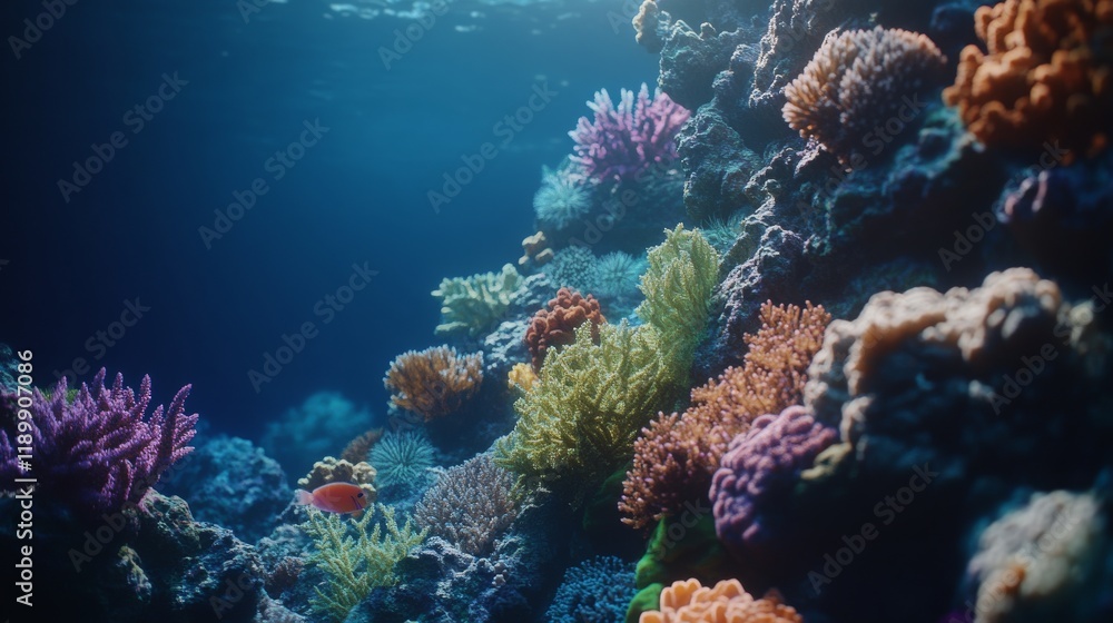 Fototapeta premium Vibrant Underwater Coral Reef Scene with Diverse Marine Life and Exotic Fish Illuminated by Sunlight in a Clear Blue Ocean Background