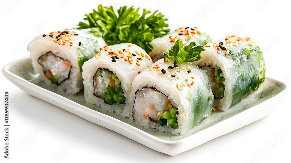 sushi rolls with sesame seeds on a white background in a restaurant sushi rolls with sesame seeds on a white background in a restaurant