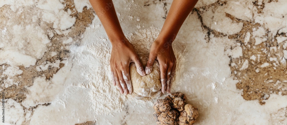 Fototapeta premium Hands kneading dough on marble countertop.